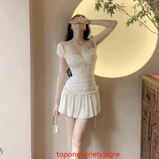 Topone-nữ Mùa Hè Ngắn Skinny Đầm Trắng Tay Ngắn Cắt Thấp Dây Rút