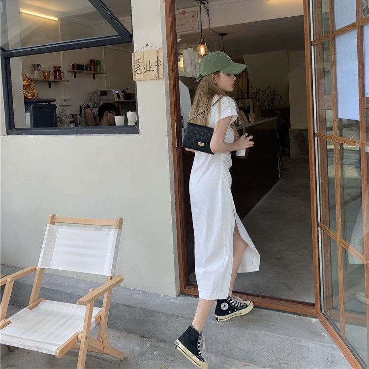 Đầm nữ IELGY tay ngắn dáng ôm màu trơn xẻ tà thời trang Hàn Quốc