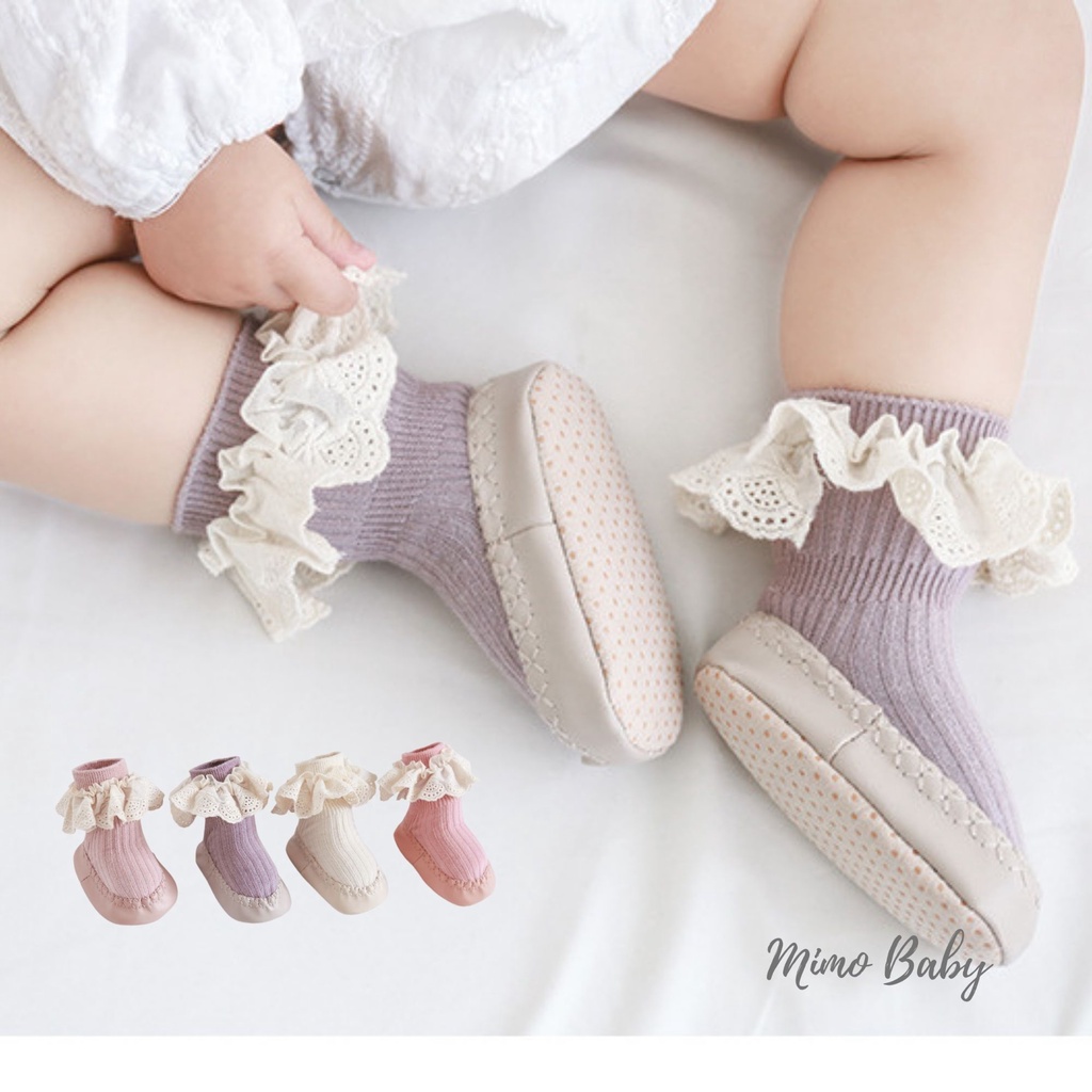 Giày tất tập đi chống trơn trượt viền ren cho bé mimo baby T07