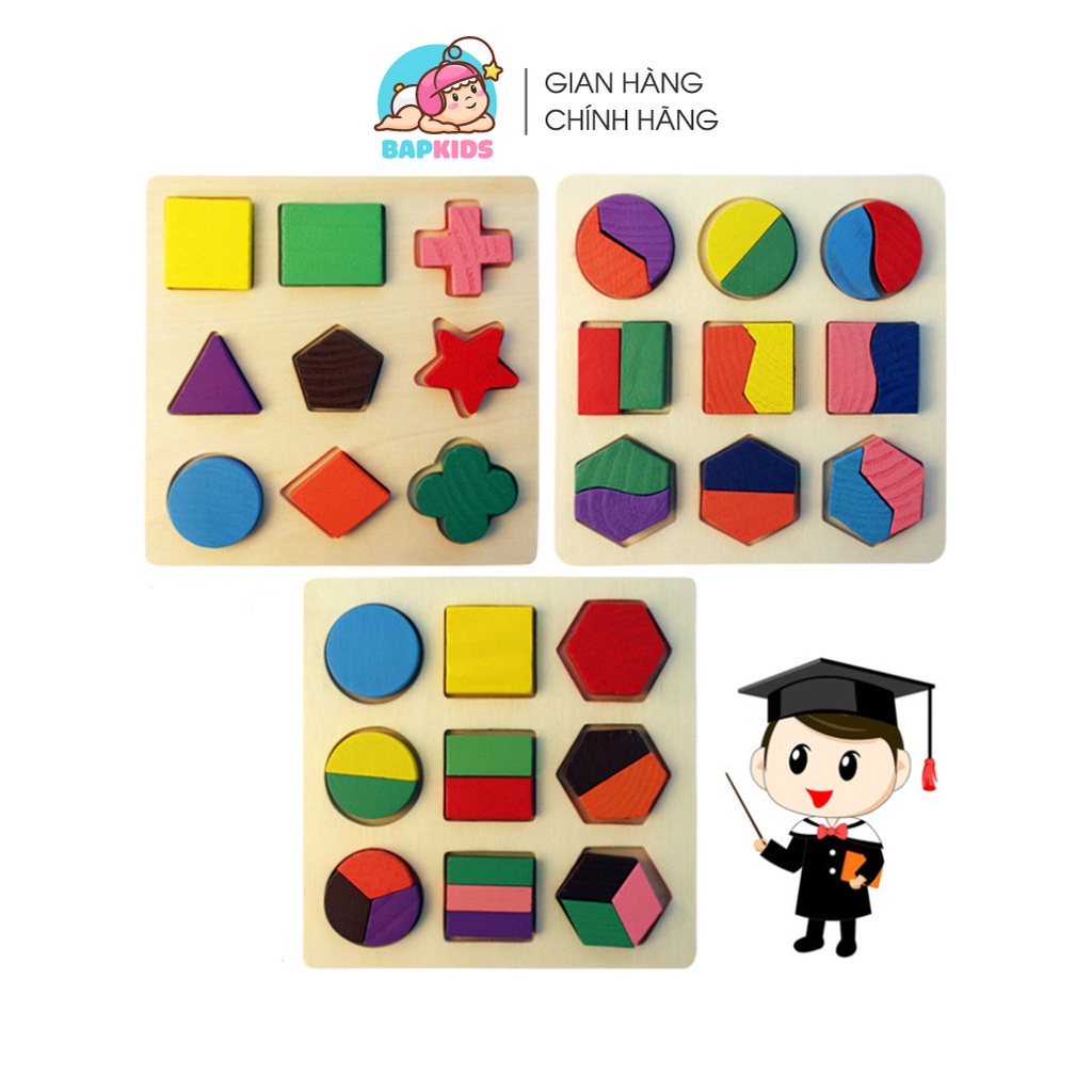 Combo 3 bảng ghép hình học, Giáo cụ montessori Đồ chơi xếp hình bằng gỗ cho bé Bapkids