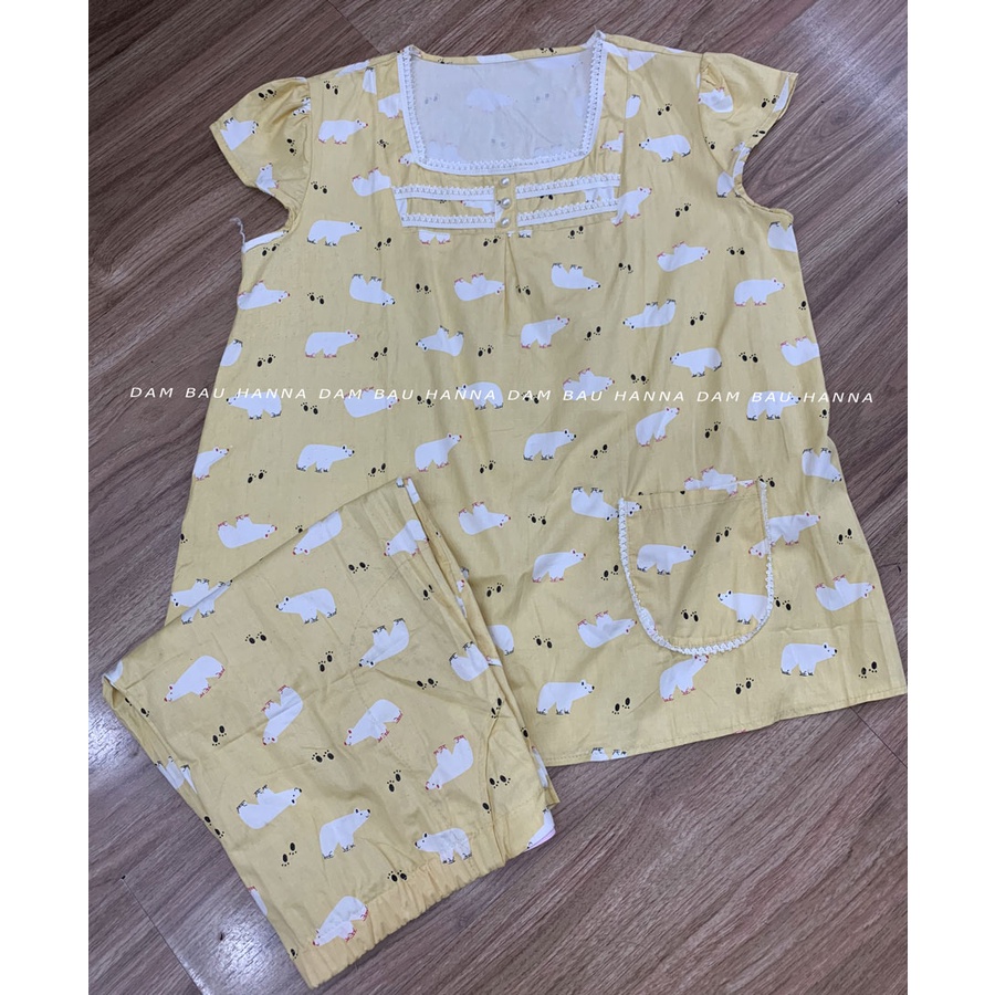 [HANNA] Đồ bộ bầu lửng mặc ở nhà free size 40-60kg vải cotton họa tiết dễ thương mát thấm mồ hôi tốt cho mùa hè có lưng