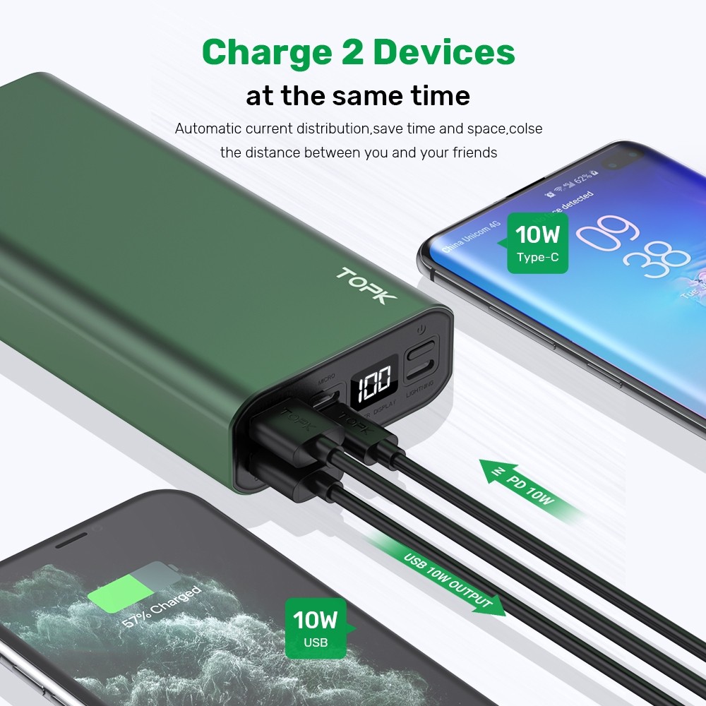 Pin Sạc Dự Phòng TOPK I2006, 20000mAh Có Màn Led báo dung lượng, input lightning