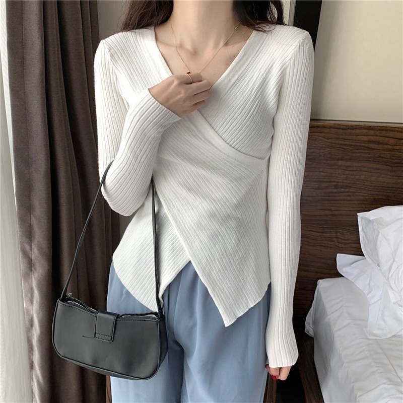 Áo Thun Dệt Kim Tay Dài Cổ Chữ V Màu Trơn Thời Trang Phong Cách Phương Tây Dành Cho Nữ