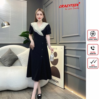 Đầm midi xòe nữ CRAZYTEEN tay bồng cổ phối màu đắp chéo sang trọng D0240