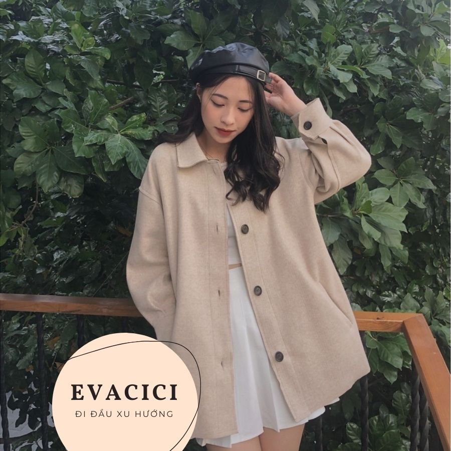 {Evacici} Áo khoác dạ ép nữ cổ sơ mi dáng dài form Hàn Quốc túi chéo 2 màu Đen Be HotHit