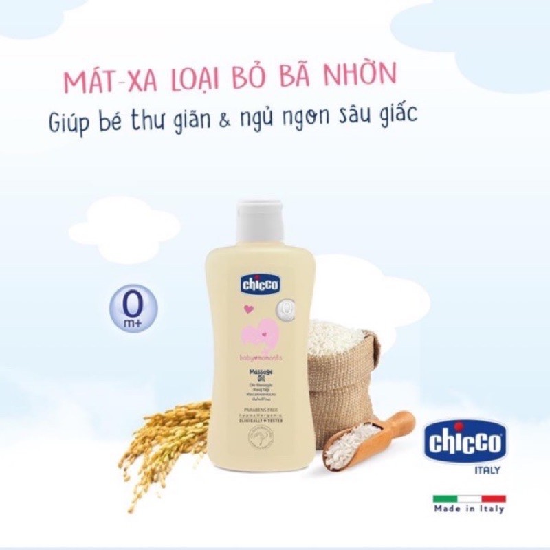 [Mã SMKB151 giảm 10% đơn 500.000Đ] Dầu Mát Xa Chiết Xuất Hạt Bông CHICCO 200ml Chính Hãng Nhập Khẩu Ý