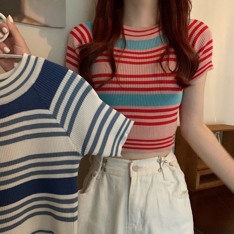 Áo thun ZHELIHANGFEI dệt kim tay ngắn cổ tròn họa tiết kẻ sọc trẻ trung thời trang