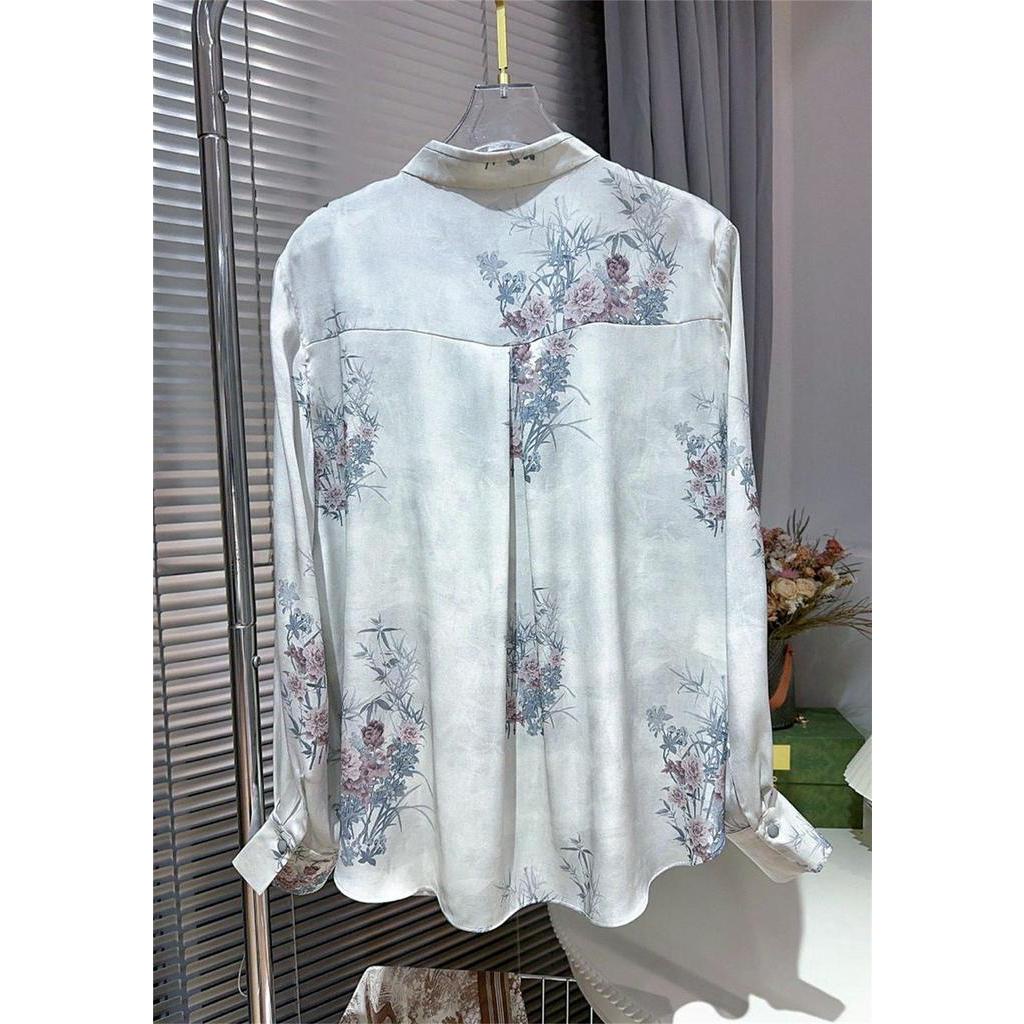 Áo Sơ Mi Lụa In Họa Tiết Mực Sáng Cổ Đứng Cài Nút Kiểu Trung Hoa Retro 2023 Cho Nữ