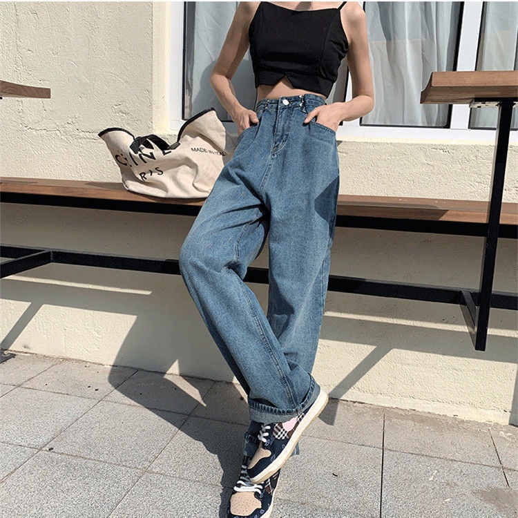 Quần Jean Ống Rộng Lưng Cao Màu Xanh Dương 2022 Thời Trang Xuân Thu Phong Cách Mới Cho Nữ