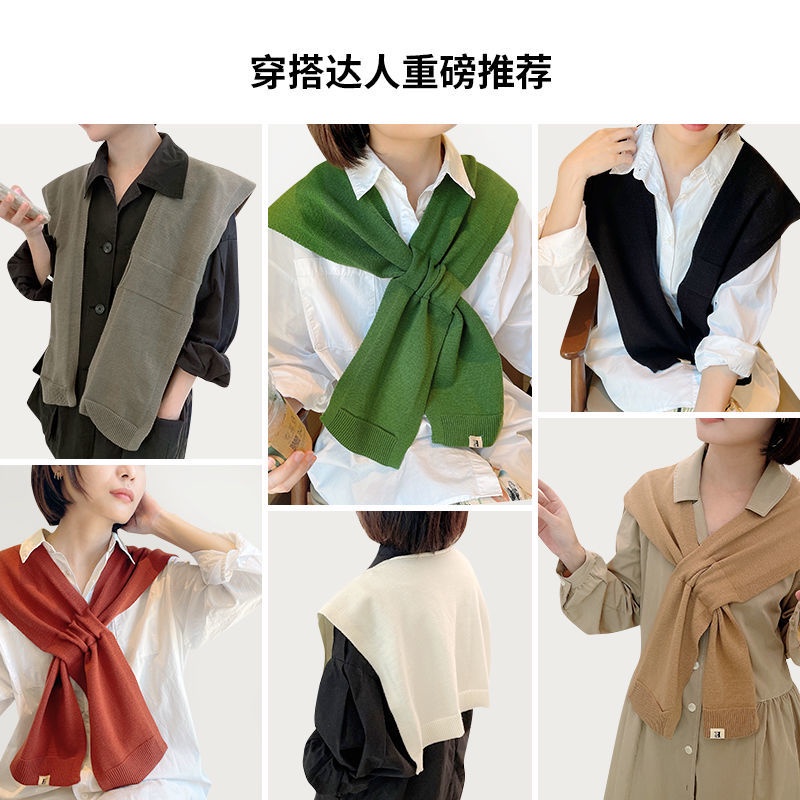 Khăn choàng cổ dệt kim màu trơn khoét vai phong cách phương Tây Hàn Quốc