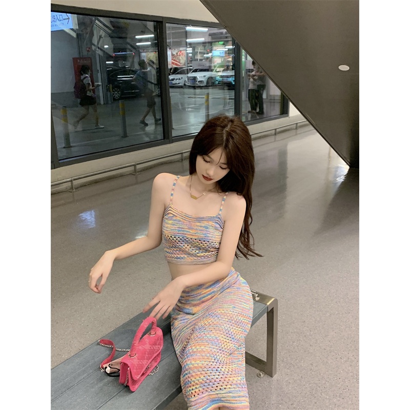 Cocory vn Set Áo Dây + Chân Váy Chữ A Dài Họa Tiết Màu Nhuộm Thời Trang Quyến Rũ Cho Nữ