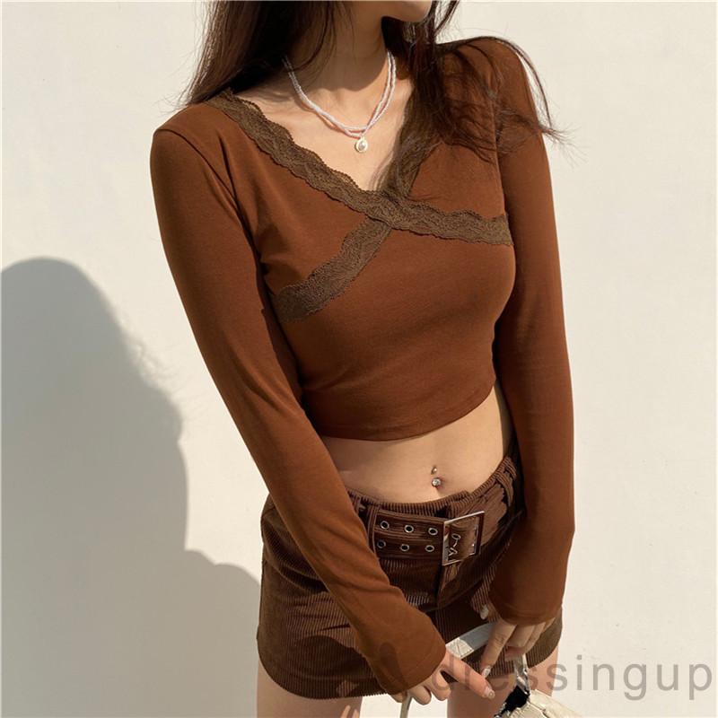 Áo Tay Dài Cổ Chữ V Màu Trơn Cá Tính Cho Nữ