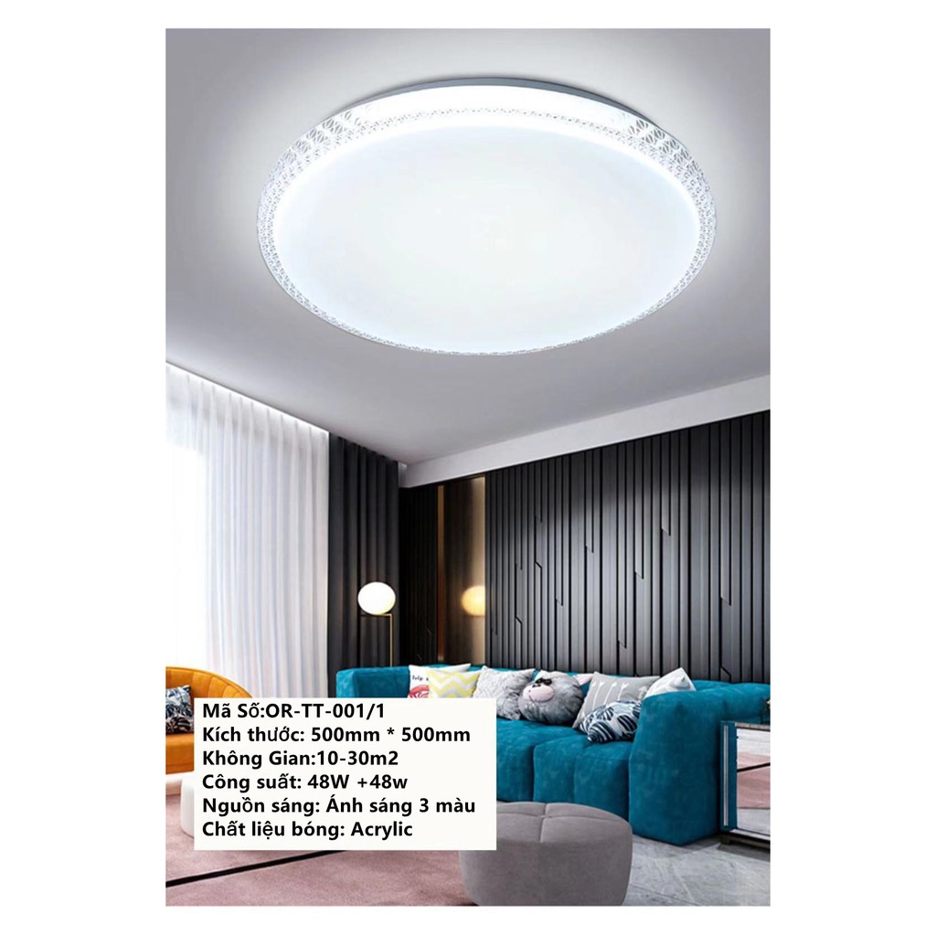 Đèn led ốp trần 3 màu tròn viền kép trang trí phòng khách phòng ngủ. Kích thước: 500mm ,Công suất: 48w.OR-TT-001/1