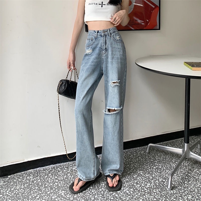 COZOK Quần Jean Ống Rộng Lưng Cao Phối Rách Cá Tính Trẻ Trung