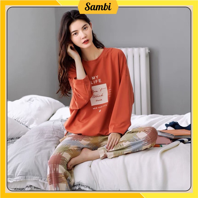 Bộ đồ thu đông nữ Sambi dài tay mặc nhà quần kẻ quần áo ngủ nữ phối hoạ tiết dễ thương | BigBuy360 - bigbuy360.vn
