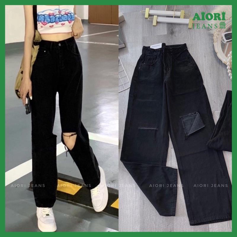 Quần Jean Nữ Aiori Ống Rộng Lưng Cao Trơn Rách Gối Màu Đen Bò Suông Phong Cách Thời Trang Cotton Cao Cấp Ulzzang_Mã 3347