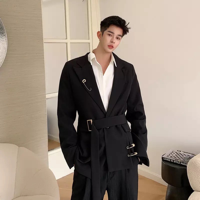 Áo Khoác Blazer T-A-N  phong cách Hàn AV010 kèm phụ kiện day thắc màu đen