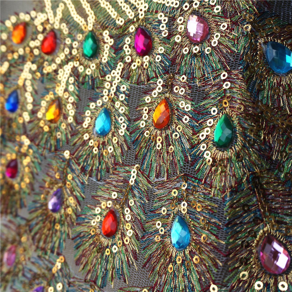 Miếng Vải Ren Thêu Hình Chim Công Đính Kim Sa Cầu Vồng Dùng Trang Trí Cổ Áo Cưới