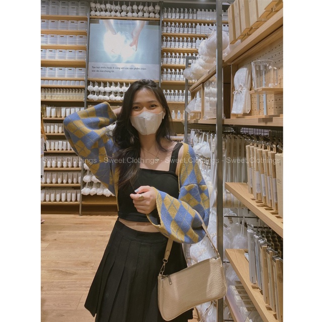 Áo khoác Cardigan dáng CROPTOP họa tiết caro kẻ chất len mịn hàng Quảng Châu 3 màu SWEET.CLOTHINGS