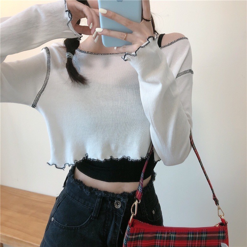 (QC L1) SET ÁO CROPTOP LEN GIẤY DÀI TAY CHỈ NỔI HỒNG TÍM TRẮNG + ÁO DÂY ĐEN ULZZANG - ÁO LEN GẠO LỆCH VAI BASIC | BigBuy360 - bigbuy360.vn