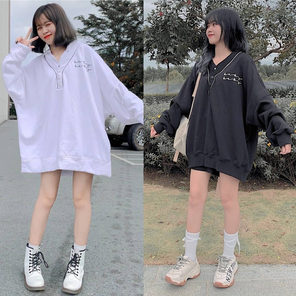 💟  Áo Sweater Nỉ BABY Viền Cổ Phối Nút Form Rộng Ulzzang    ✅HOHO.UNISEX