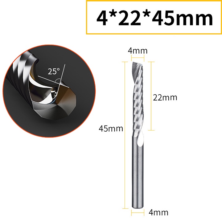 Dao xoắn 1 me chính hãng thân 4mm CNC chuyên phay,cắt gỗ,nhựa, acrylic, nhôm tấm, mica, MDF, PVC,…