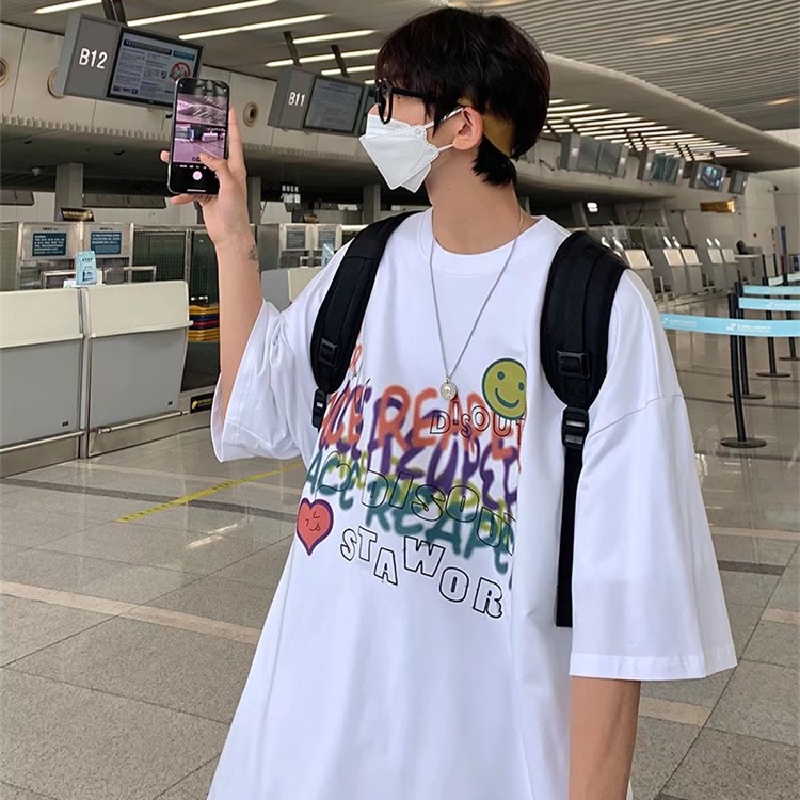 Áo Thun Tay Ngắn Dáng Rộng In Chữ Phong Cách Hàn Quốc Thời Trang Mùa Hè Cho Nam Và Nữ size M-5XL
