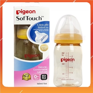 Bình sữa Pigeon 160ml cổ rộng PPSU Plus với núm vú silicone siêu mềm Plus