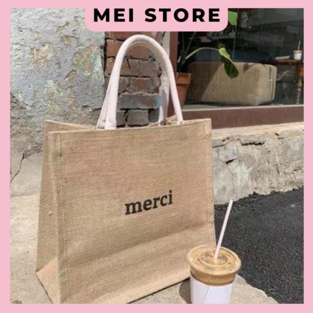 Túi Cói Merci Loại 1 Màu Sáng, Có Đệm Đáy Giữ Form Túi, Có Lót