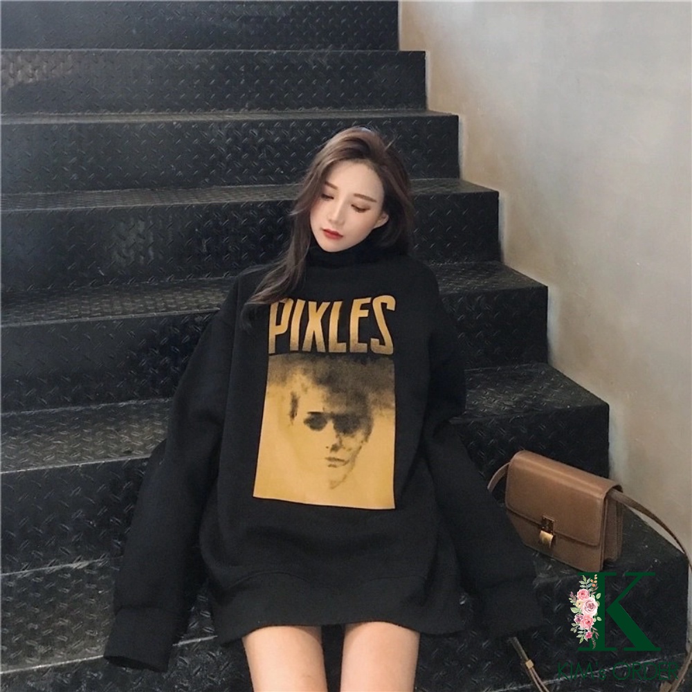 Áo Sweater Unisex Nam Nữ Màu Đen Chữ PIXLES Dài Tay Cổ Tròn Cổ Lọ Form Rộng Chất Nỉ Bông Dày Phong Cách Ulzzang Hàn Quốc