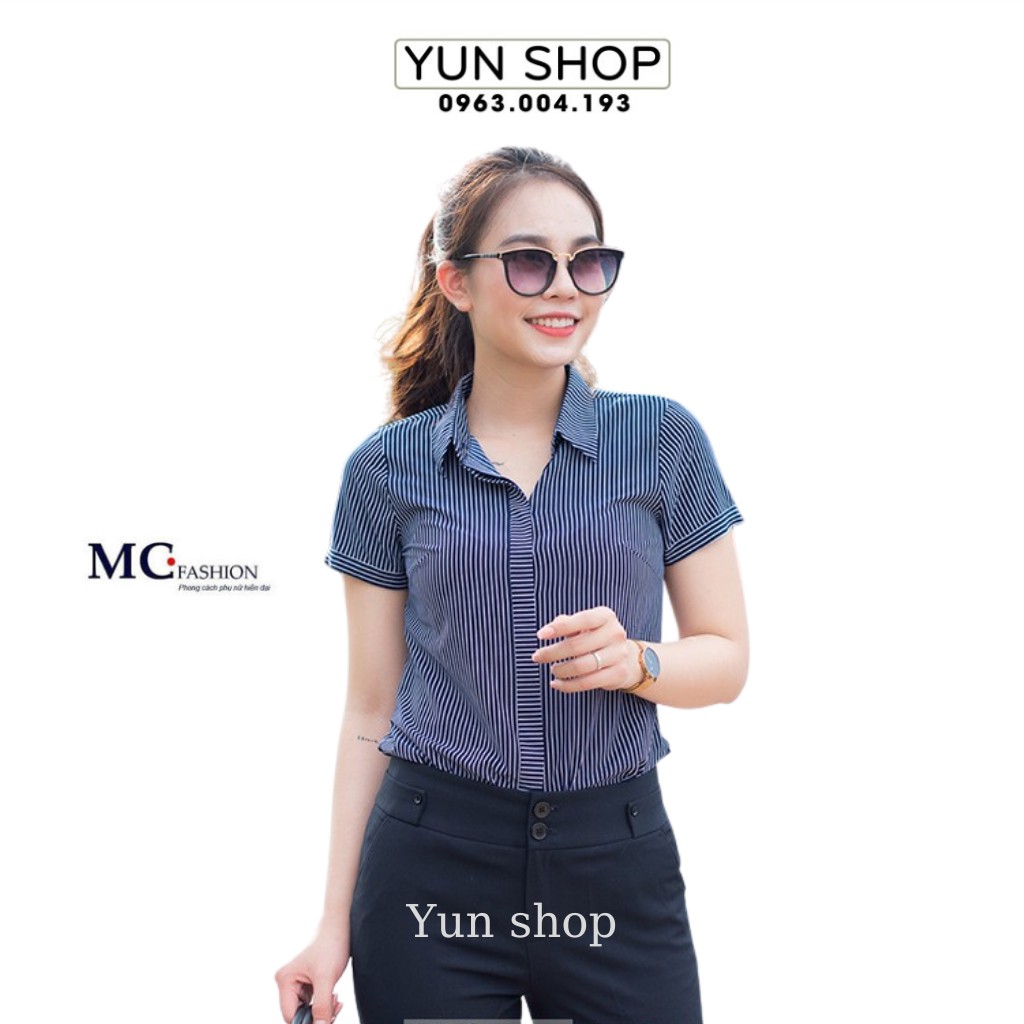 Áo Sơ Mi Nữ - Áo Sơ Mi Công Sở Họa Tiết Kẻ Sọc Cộc Ngắn Tay MC Fashion A631 Màu Tím Than