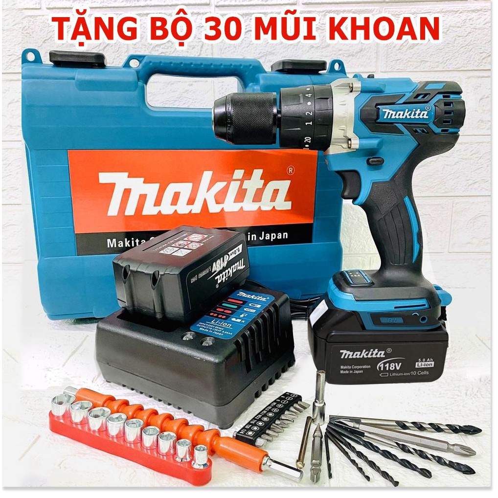 Tặng Bộ 29 Phụ Kiện - Máy Khoan Bê Tông Pin Makita 118V Không Chổi Than, 2 Pin, Máy Bắn Vít Cầm Tay, Đầu Auto Lock