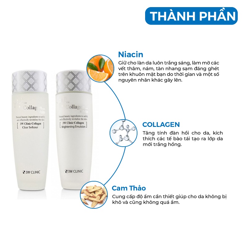 Bộ trắng da - Bộ dưỡng da chiết xuất từ Collagen 3W CLINIC Hàn Quốc [Nước Hoa Hồng + Sữa Dưỡng]