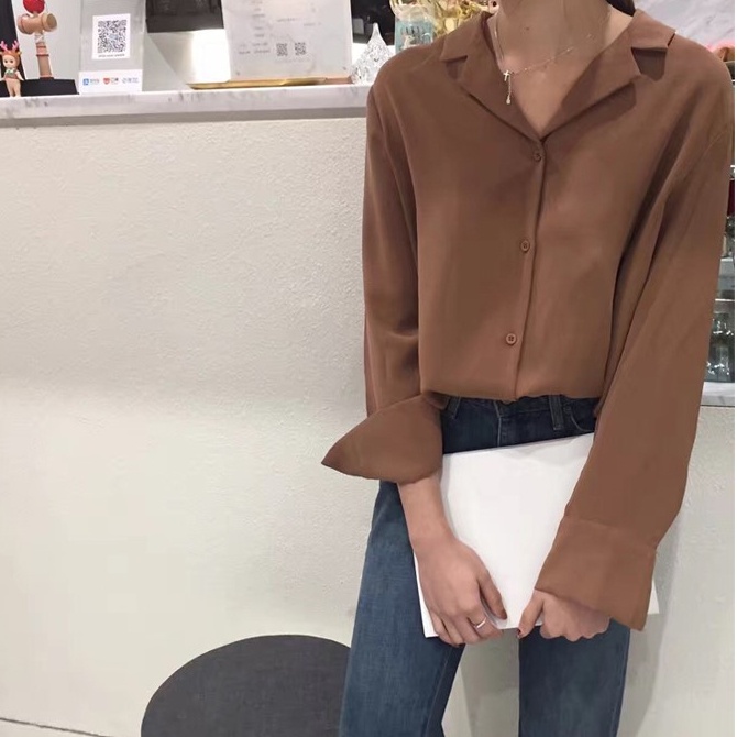 SUXI Áo Sơ Mi Tay Dài Cổ Chữ V Màu Sắc Đơn Giản Phong Cách Hàn Quốc Dành Cho Nữ