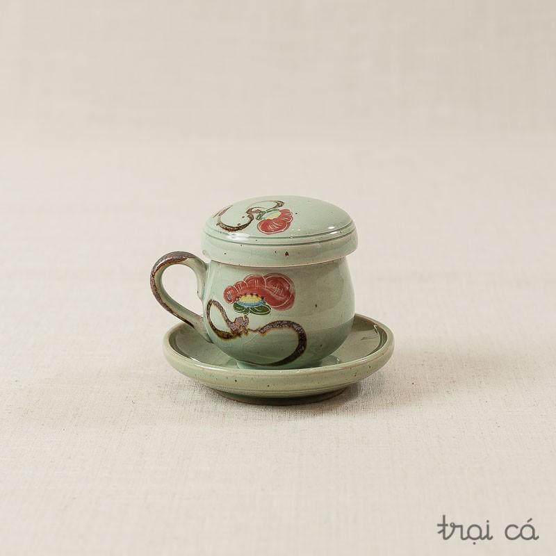 Bộ cốc lọc trà gốm Xanh vẽ hoa - Đen nâu