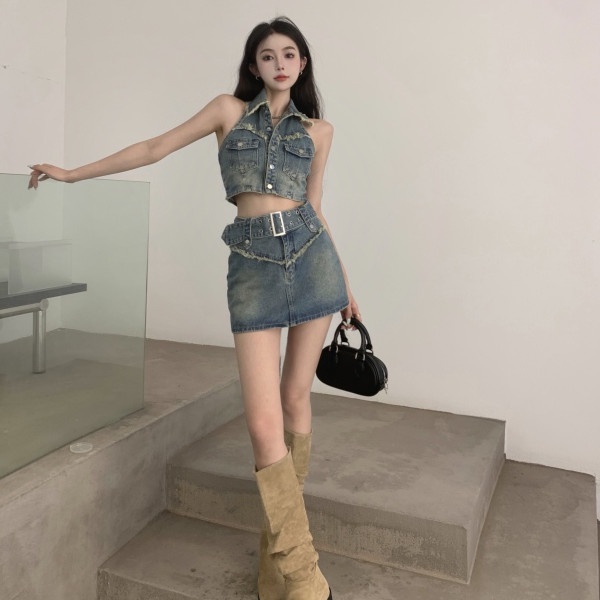 Bộ Áo Denim Không Tay Phối Chân Váy Denim Lưng Cao Thời Trang Mùa Hè Quyến Rũ Cho Nữ