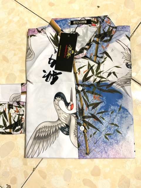 Áo Sơ Mi Nam Dài Tay Chất Kate Lụa Chống Nhăn Cao Cấp Phối In 3D Chim Cò Cây Trúc Trắng | BigBuy360 - bigbuy360.vn