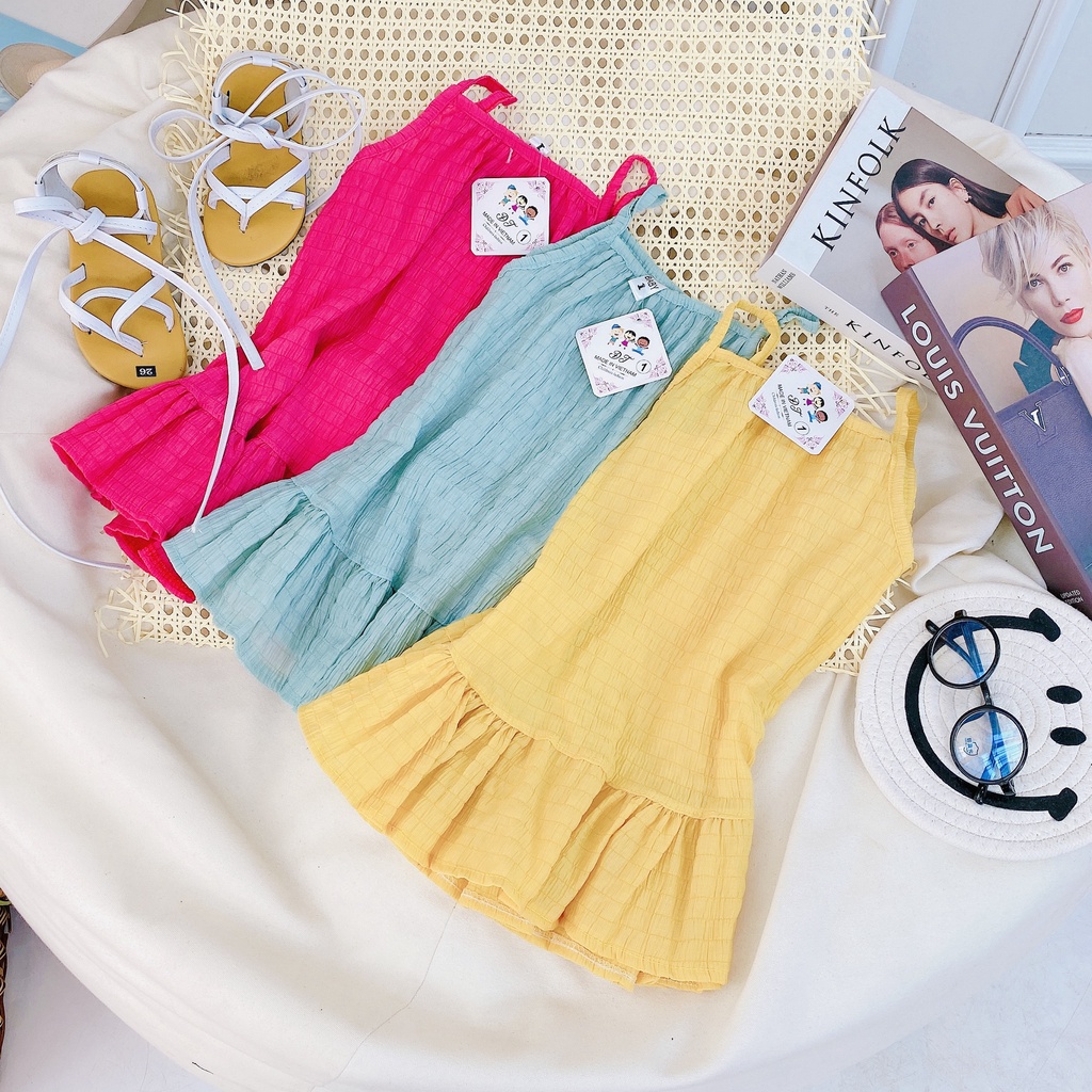 Váy 2 Dây Đón Hè Cho Bé Gái Chất Liệu Vải Đũi Nhăn Co Giãn Đủ Size Từ 8-20Kg VNXK Nhật-Hàn