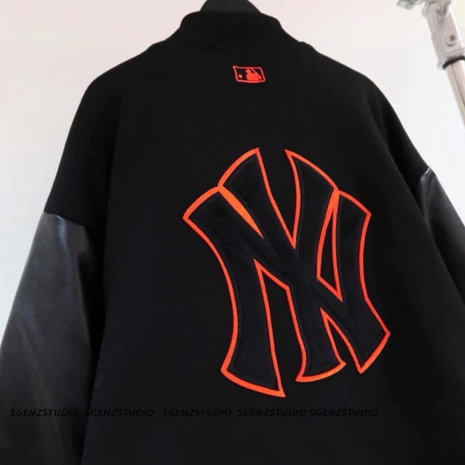 Áo khoác Bomber Varsity M.L.B Ny Thêu Logo Cam form rộng Phối Tay Da
