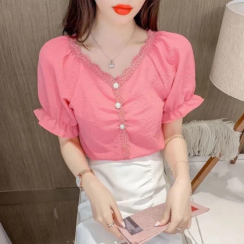 Áo Sơ Mi chiffon Tay Ngắn Cổ v Thời Trang Mùa Hè Cho Nữ