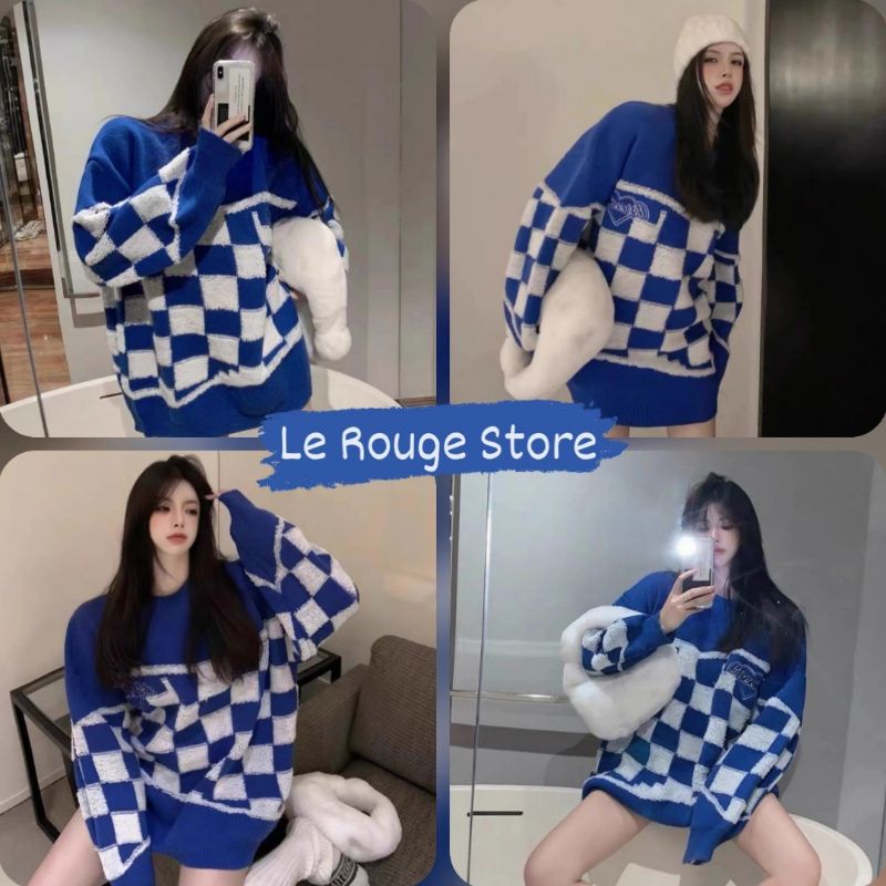 Áo len unisex kiểu Hàn phối patchwork họa tiết caro bàn cờ hot trendy chữ thêu Correcy có size