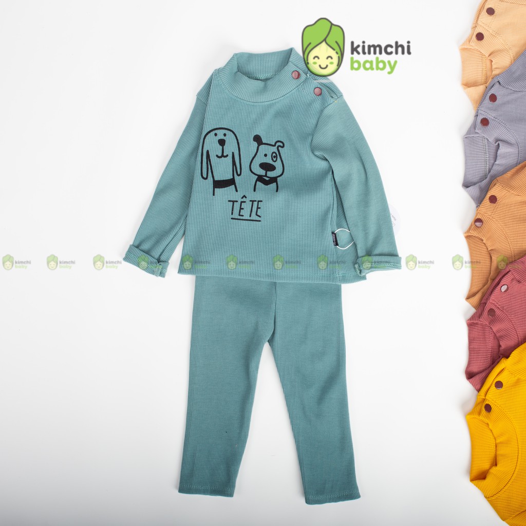Đồ Bộ Bé Trai, Bé Gái KIMCHIBABY Vải Len Gân Cao Cổ Cài Vai Tete, Bộ Quần Áo Trẻ Em Mặc Nhà Thu Đông KWTD2112