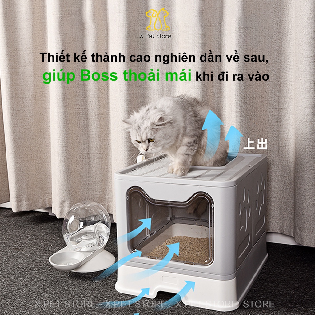 Nhà Vệ Sinh Cho Mèo 2 Cửa Ngăn Mùi Chống Văng Cát, Gấp Gọn Tiện Lợi - Tặng Kèm Xẻng