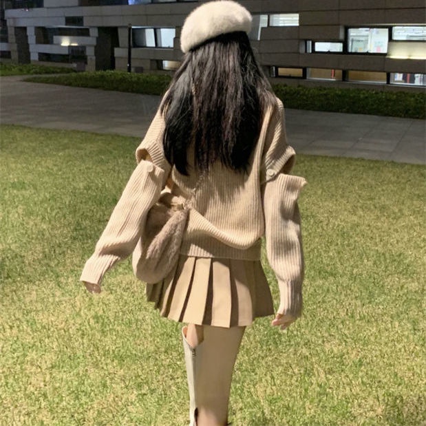 Bộ Áo sweater Cổ Chữ V Màu Sắc Trơn Phối Chân Váy Xếp Ly Lưng Cao Ôm Dáng Thời Trang Cho Nữ