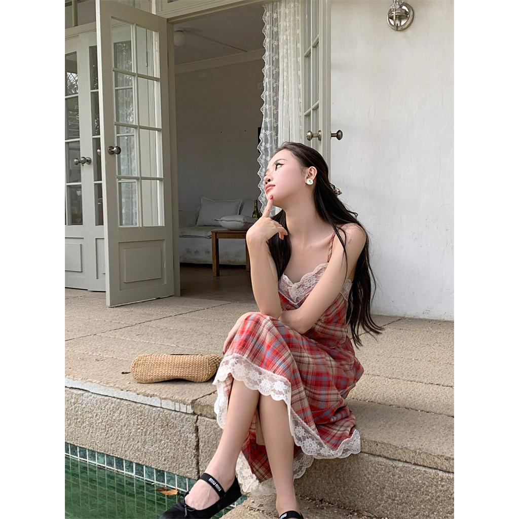 Đầm Dài Hai Dây Phối Ren Họa Tiết Sọc Caro Thời Trang Mùa Hè Cho Nữ