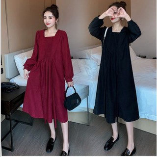 Váy Đầm Bầu Công Sở Thu Đông Azuno AZ1811 Chất Liệu Nhung Ép  Dài Tay Cổ Vuông Dáng Suông Xinh Xắn Đủ Size Đến 80kg