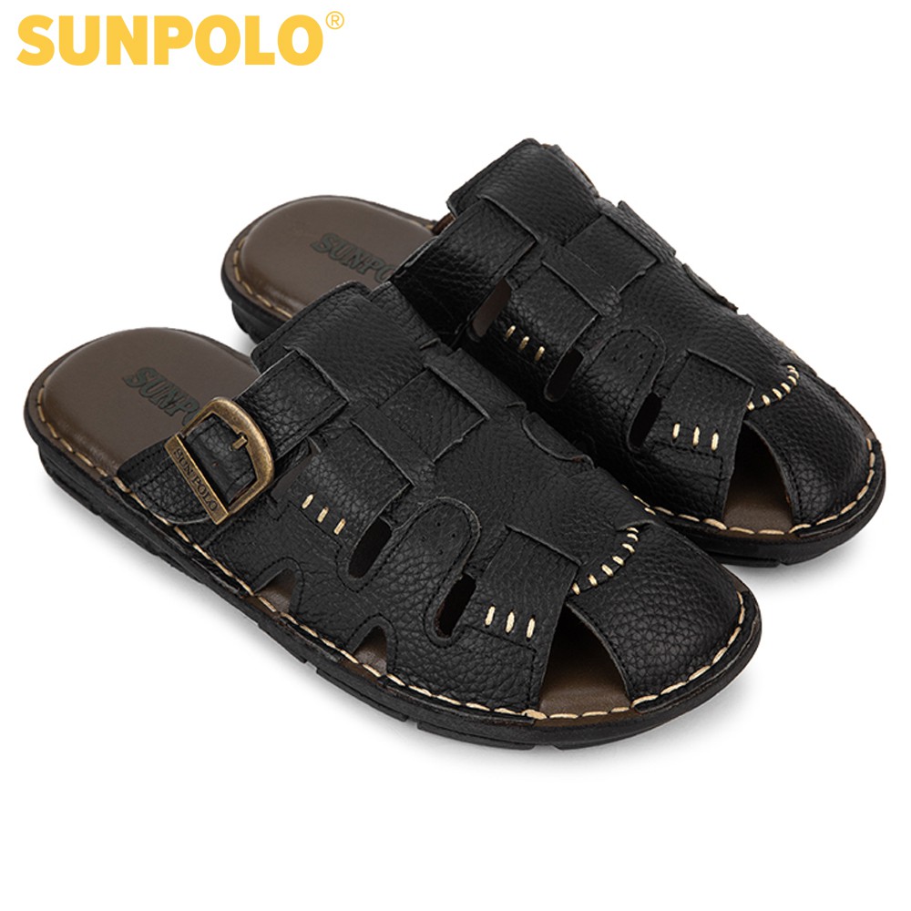 Dép Nam Bít Mũi Da Bò SUNPOLO Đen Nâu SUA11DN