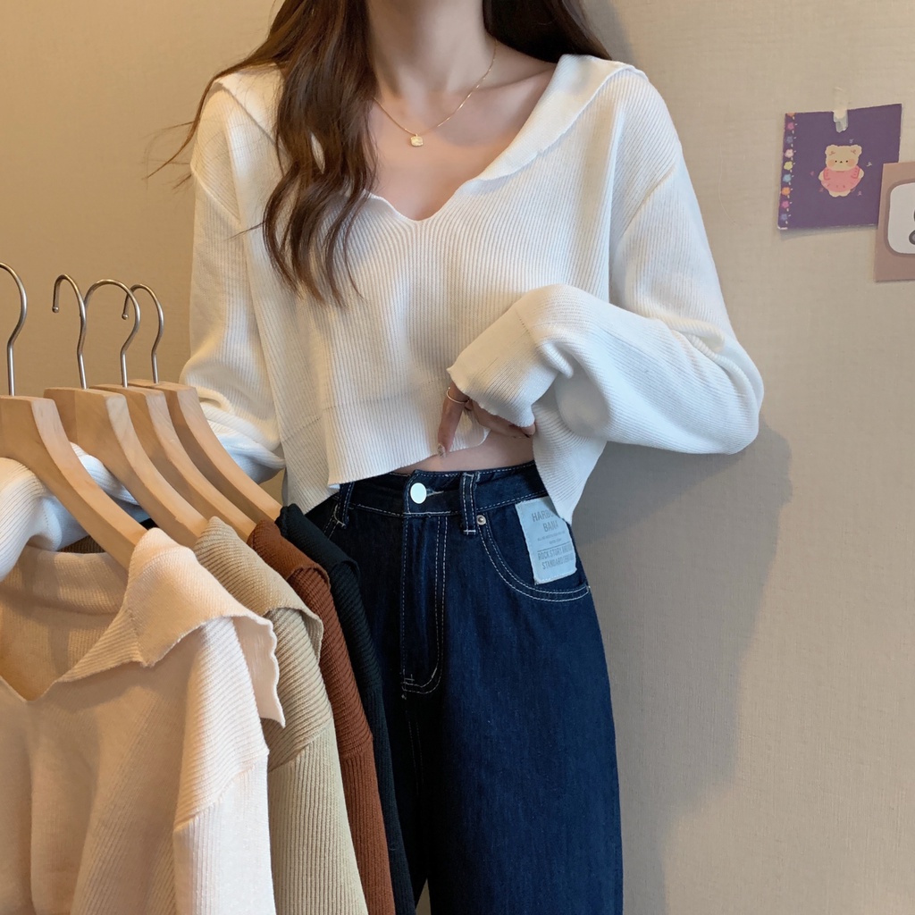 Áo croptop SUXI dệt kim tay dài dáng rộng cổ chữ V phong cách Hàn Quốc