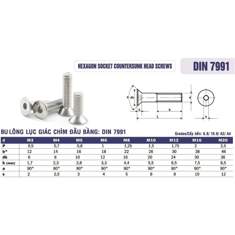 Bulong(ốc) lục giác đầu Côn chìm inox 304 (10con)