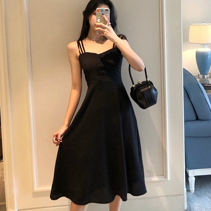 Đầm Hai Dây Dáng Dài Màu Đen Phong Cách Mori Thời Trang Xuân Hè Xinh Xắn Cho Nữ